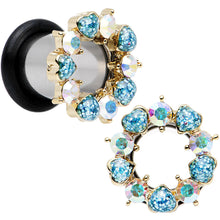 Load image into Gallery viewer, 0G Aurora and Aqua Gem Heart Wreath Single Flare Tunnel Plug Set