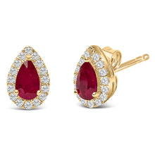 Load image into Gallery viewer, 10K Yellow Gold 5X3 MM Pear-Cut Ruby and 1/7 Cttw Diamond Halo Stud Earrings (I-J Color, I1-I2 Clarity)