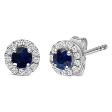 Load image into Gallery viewer, 10K White Gold 3.25mm x 3.25mm Round Blue Sapphire and 1/10 Cttw Diamond Halo Stud Earrings (I-J Color, I1-I2 Clarity)