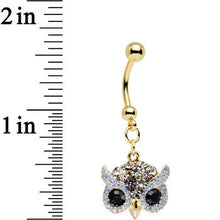 Load image into Gallery viewer, Clear Aurora and Black Gem Gold Plated Beady Eye Owl Dangle Belly Ring