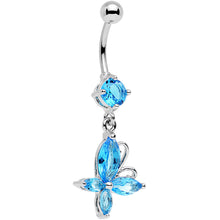 Load image into Gallery viewer, Aqua Gem Butterfly Prong Set Dangle Belly Ring