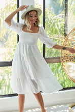 将图片加载到图库查看器,New Summer Dot Flounce Sleeve Smocked Tiered Midi Dress – Fluttering, Charming Swiss Dot Dress with Flounce Sleeves, Smocked Waist, and Tiered Design
