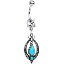 Load image into Gallery viewer, Clear Gem Synthetic Turquoise Detailed Teardrop Dangle Belly Ring