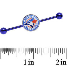 将图片加载到图库查看器,Licensed MLB Blue Anodized Toronto Blue Jays Industrial Barbell 38mm