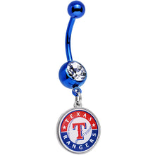 将图片加载到图库查看器,Licensed MLB Clear Gem Blue Anodized Texas Rangers Dangle Belly Ring
