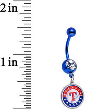 将图片加载到图库查看器,Licensed MLB Clear Gem Blue Anodized Texas Rangers Dangle Belly Ring
