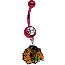 Load image into Gallery viewer, Licensed NHL Clear Gem Red Anodized Chicago Blackhawks Belly Ring