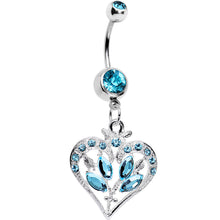 Load image into Gallery viewer, Aqua Gem Framework Heart and Flower Dangle Belly Ring