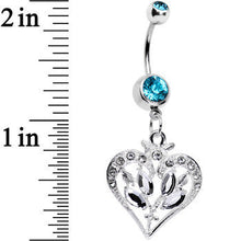 Load image into Gallery viewer, Aqua Gem Framework Heart and Flower Dangle Belly Ring