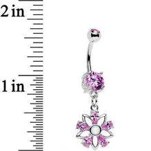 Load image into Gallery viewer, Pink CZ Gem Synthetic Opal Snowflower Dangle Belly Ring