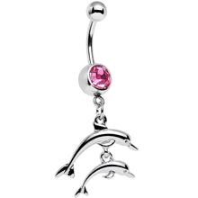 Load image into Gallery viewer, Pink Gem Diving Duo of Dolphins Dangle Belly Ring