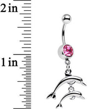 Load image into Gallery viewer, Pink Gem Diving Duo of Dolphins Dangle Belly Ring