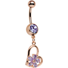 Load image into Gallery viewer, Purple CZ Gem Rose Gold Plated Orchid Hollow Heart Dangle Belly Ring