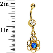 Load image into Gallery viewer, Clear Gem Blue Faux Opal Gold Anodized Flower Dangle Belly Ring