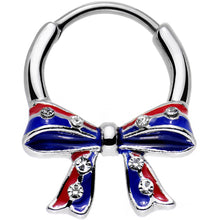 Load image into Gallery viewer, 16G 9mm Clear Gem Red Blue America Tie a Ribbon Septum Clicker