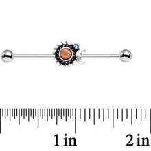 Load image into Gallery viewer, Clear Gem Orange Faux Opal Moon Spun Sun Industrial Barbell 38mm