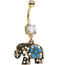 将图片加载到图库查看器,Clear Gem Faux Turquoise Gold Anodized Elephant Dangle Belly Ring