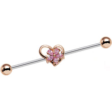 Load image into Gallery viewer, 14G Pink Gem Sunlit Flower and Heart Industrial Barbell 38mm