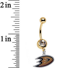 Load image into Gallery viewer, Licensed NHL Clear Gem Gold Anodized Anaheim Ducks Logo Belly Ring