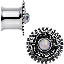 Load image into Gallery viewer, 1/2 White Faux Opal Steel Finely Framed Double Flare Plug Set
