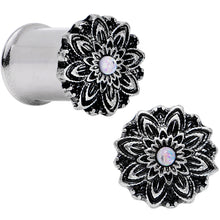 Load image into Gallery viewer, 0G White Synthetic Opal Steel Flower Frame Double Flare Plug Set