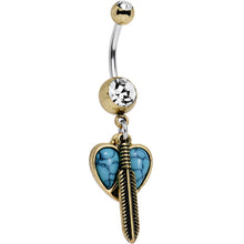 将图片加载到图库查看器,Faux Turquoise Clear Gem Heart Forever Feather Dangle Belly Ring