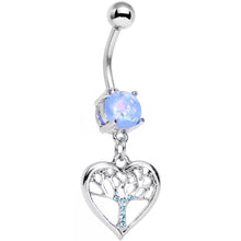 Load image into Gallery viewer, Light Blue Faux Opal Aqua Gem Tree of Life Heart Dangle Belly Ring