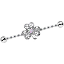 Load image into Gallery viewer, 14G White Faux Opal Fancy Shamrock Industrial Barbell 38mm