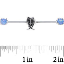 Load image into Gallery viewer, 14G Blue Faux Opal Sheathed Wings Industrial Barbell 38mm