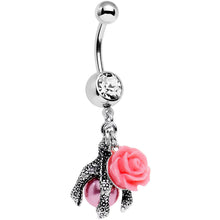 Load image into Gallery viewer, Clear Gem Pink Orb Dalliance in Rose Flower Dangle Belly Ring