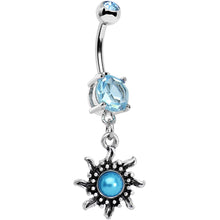 Load image into Gallery viewer, Aqua Gem Frosted Blue Orb Spun Sun Dangle Belly Ring