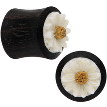 Load image into Gallery viewer, 7/16G Organic Black Wood White Detailed Daisy Flower Saddle Plug Set