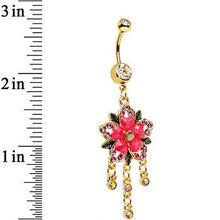 Load image into Gallery viewer, Clear Pink Aurora Gem Gold Anodized Heart Flower Dangle Belly Ring
