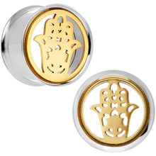 Load image into Gallery viewer, 3/4 Steel Sunlit Hamsa Hand Screw Fit Tunnel Plug Set