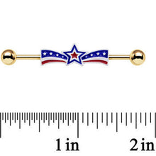 Load image into Gallery viewer, Gold Anodized Red White and Blue Ribbon Star Industrial Barbell 38mm