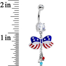 Load image into Gallery viewer, Clear Red Blue CZ Gem All American Flag Ribbon Dangle Belly Ring