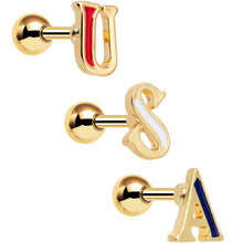 Load image into Gallery viewer, Gold Anodized Red White Blue USA Tragus Cartilage Earring Set of 3