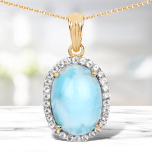 Load image into Gallery viewer, 14K Yellow Gold Plated 13.55 Carat Genuine Larimar and White Topaz .925 Sterling Silver Pendant