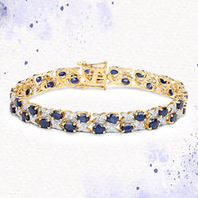 将图片加载到图库查看器,14K Yellow Gold Plated 12.53 Carat Genuine Blue Sapphire and White Diamond .925 Sterling Silver Bracelet