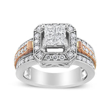 将图片加载到图库查看器,14K White and Rose Gold 1 1/8 Cttw Princess and Round-Cut Diamond Art Deco Style Triple Shank Halo Cocktail Ring (I-J Color, SI2-I1 Clarity) - Size 7