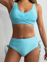 Load image into Gallery viewer, Bikini Twist Front V Neck High Waist 2 Piece Bikini Set for Women – Stretchy Tie Back Swimsuit with Drawstring Lace Up and Comfortable Fit – Trendy Solid Color Swimwear for Beach Days Pool Parties and Summer Vacations