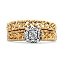 将图片加载到图库查看器,14K Yellow Gold Plated .925 Sterling Silver 1/5 Cttw Diamond Halo and Milgrain Finish Engagement Ring Bridal Set (I-J Color I3 Clarity) - Size 7