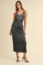 Load image into Gallery viewer, Embroidered Cami Satin Midi Slit Dress โ Satin Dress, Sexy, Flattering, Embroidered Dress, Cami Style Dress, Midi Dress, Slit Detail Dress, Elegant Satin Dress