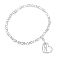 Load image into Gallery viewer, .925 Sterling Silver 1/4 Cttw Diamond-Accented Heart and Ribbon Charm 7" Link Chain Bracelet (H-I Color, I1-I2 Clarity)
