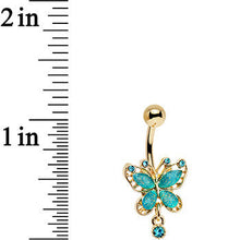 Load image into Gallery viewer, Aqua Glitter Gem Gold Anodized Butterfly Drop Dangle Belly Ring