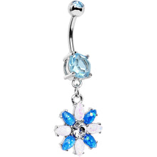Load image into Gallery viewer, Blue and White Faux Opal Flower Power Dangle Belly Ring