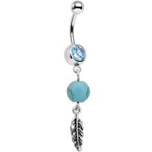 Load image into Gallery viewer, Aqua Gem Faux Turquoise Freedom Feather Dangle Belly Ring