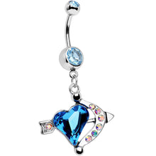 Load image into Gallery viewer, Aqua Aurora Gem Cupids Aim Arrow and Heart Dangle Belly Ring