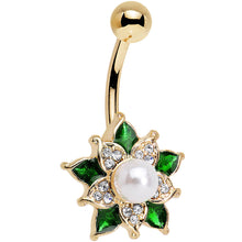 Load image into Gallery viewer, Clear Green Gem White Orb Gold Anodized Holiday Flower Belly Ring
