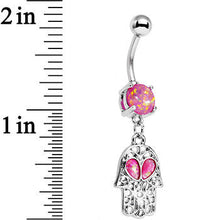 Load image into Gallery viewer, Pink Faux Opal Hamsa Hand and Heart Dangle Belly Ring